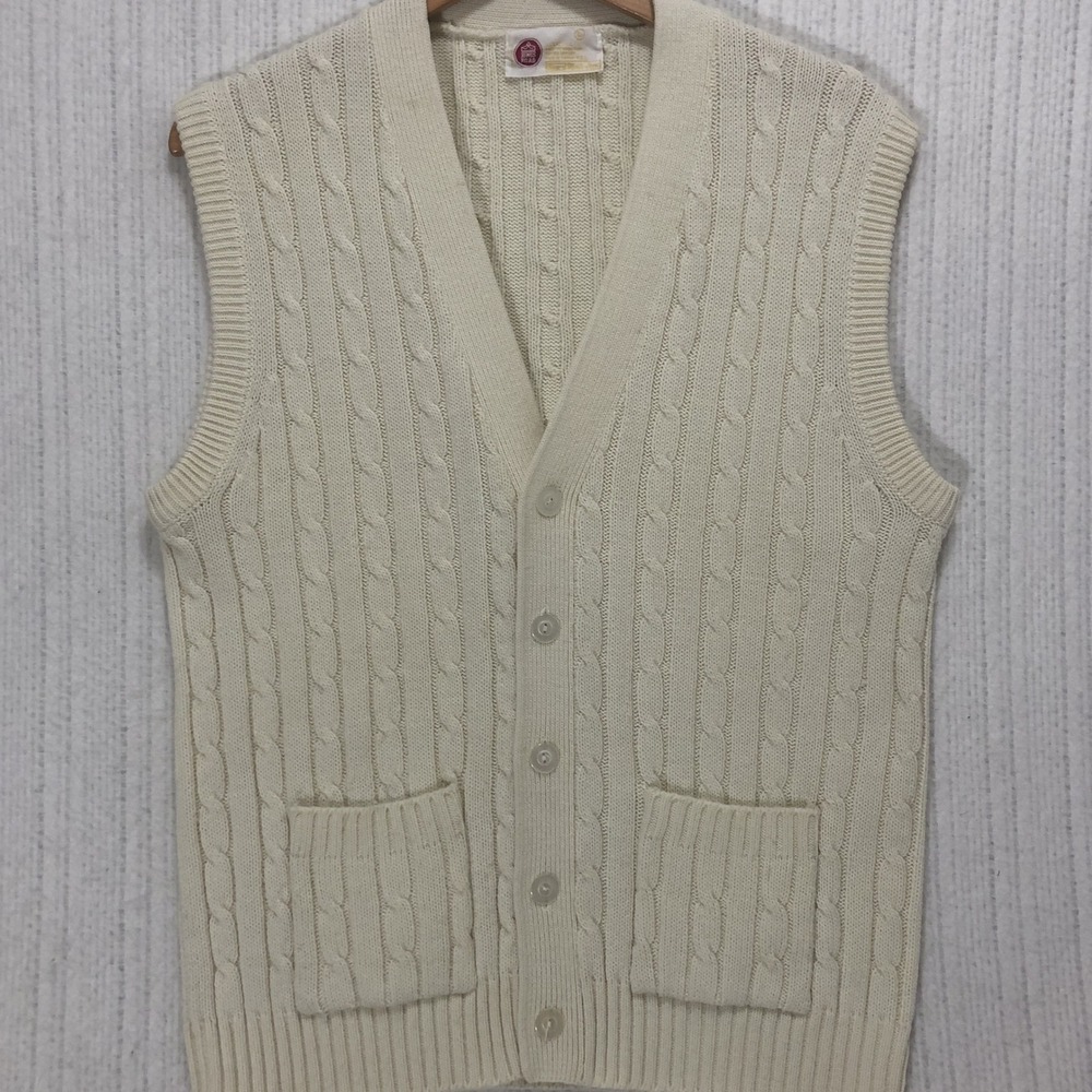 Vintage Kings Road Sears Mens Cable Knit Cardigan Vest Cream L V-Neck Pockets